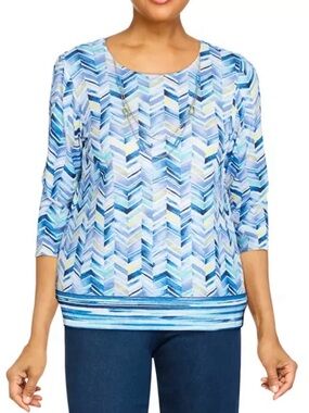 Alfred Dunner PXL "High Impact" Blue Waterclor Border Knit Top Blouse